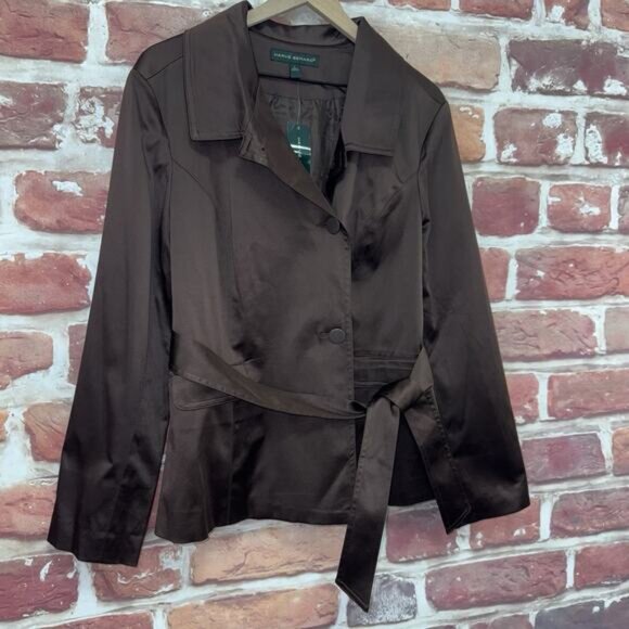 Harve Benard Jacket Women's Large Brown Satin Silky Tie Waist Button Up Blazer - Picture 2 of 9